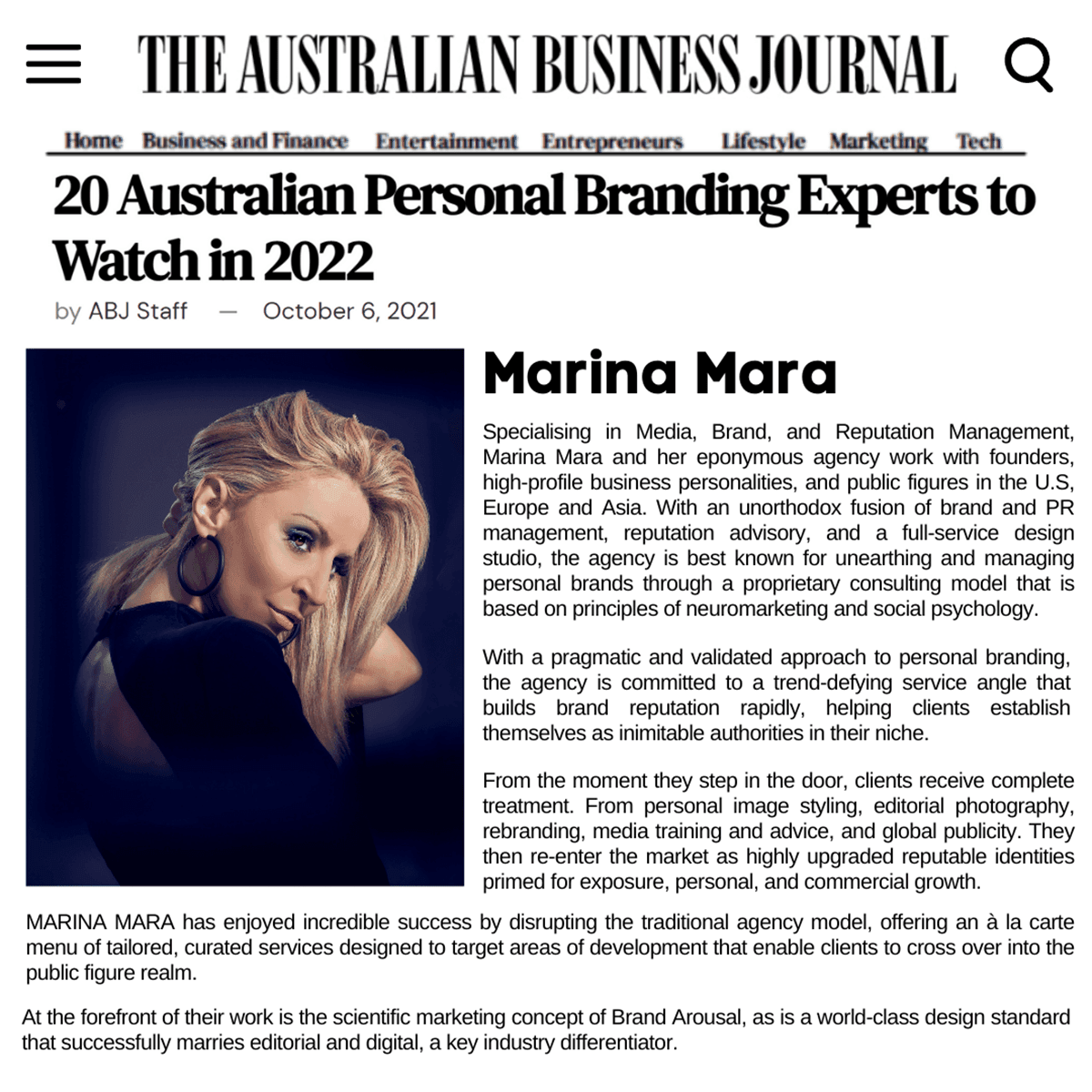 Marina Mara named by the Australian Business Journal among 20 Australian Personal Branding Experts to Watch in 2022, for her work in media, reputation and strategic brand consulting.