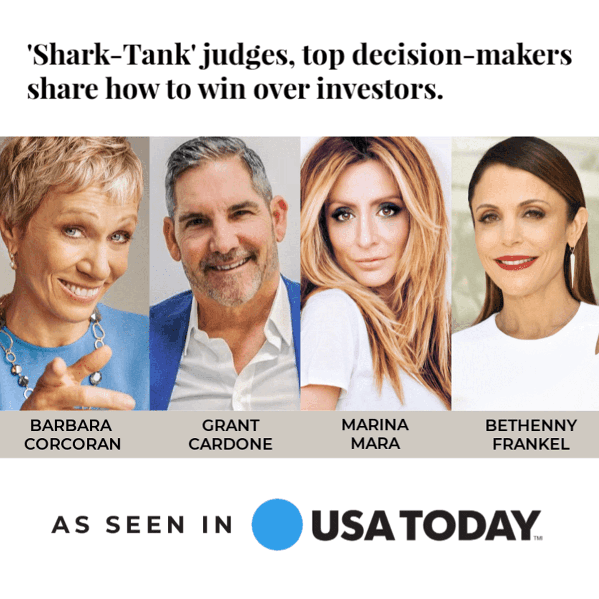 Composite image featuring Marina Mara alongside Shark Tank judges Barbara Corcoran, Grant Cardone, and Bethenny Frankel, as seen in USA TODAY.