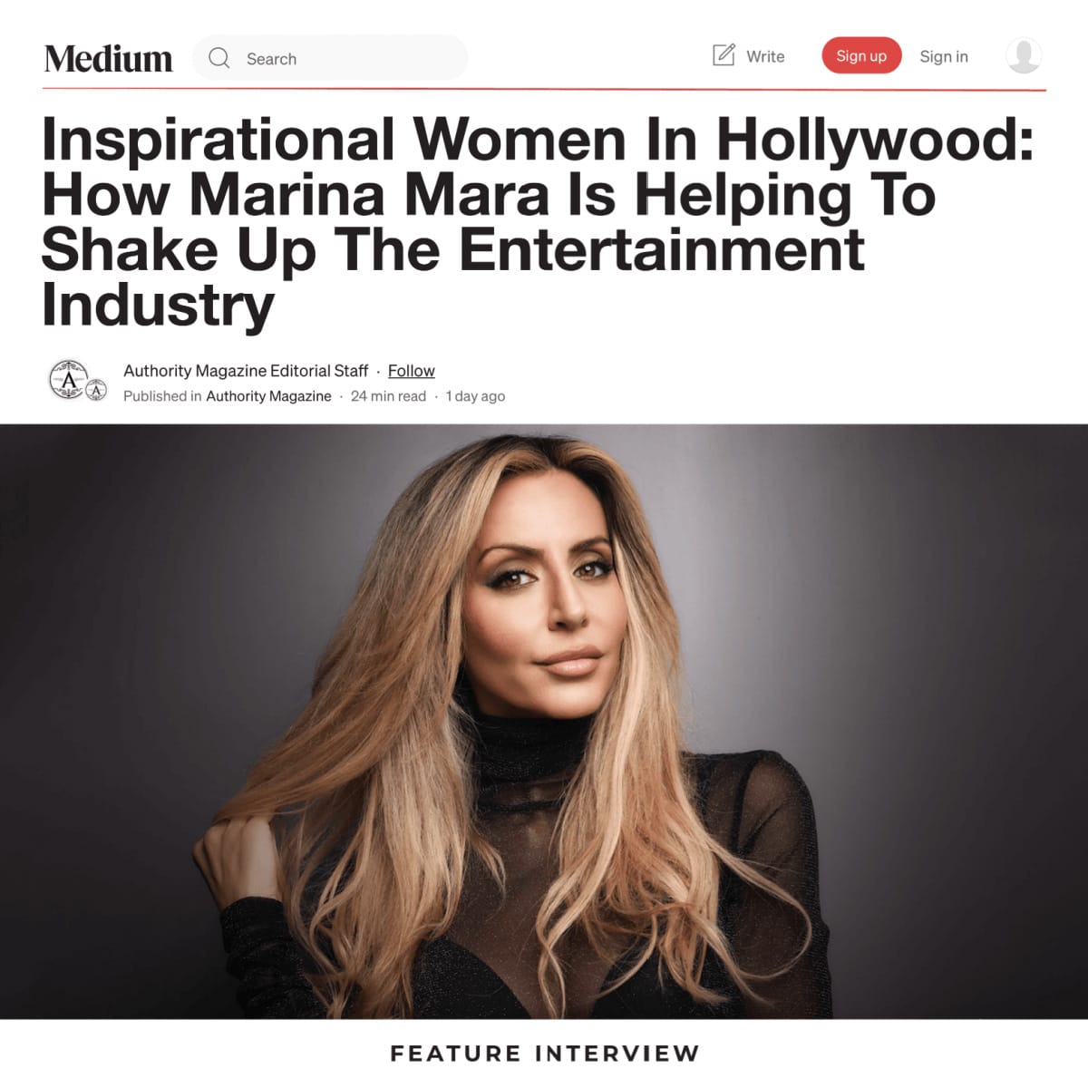 Marina Mara featured in Authority Magazine's “Inspirational Women in Hollywood” series, highlighting her leadership in reshaping entertainment through brand influence, strategic storytelling, and reputational advisory.