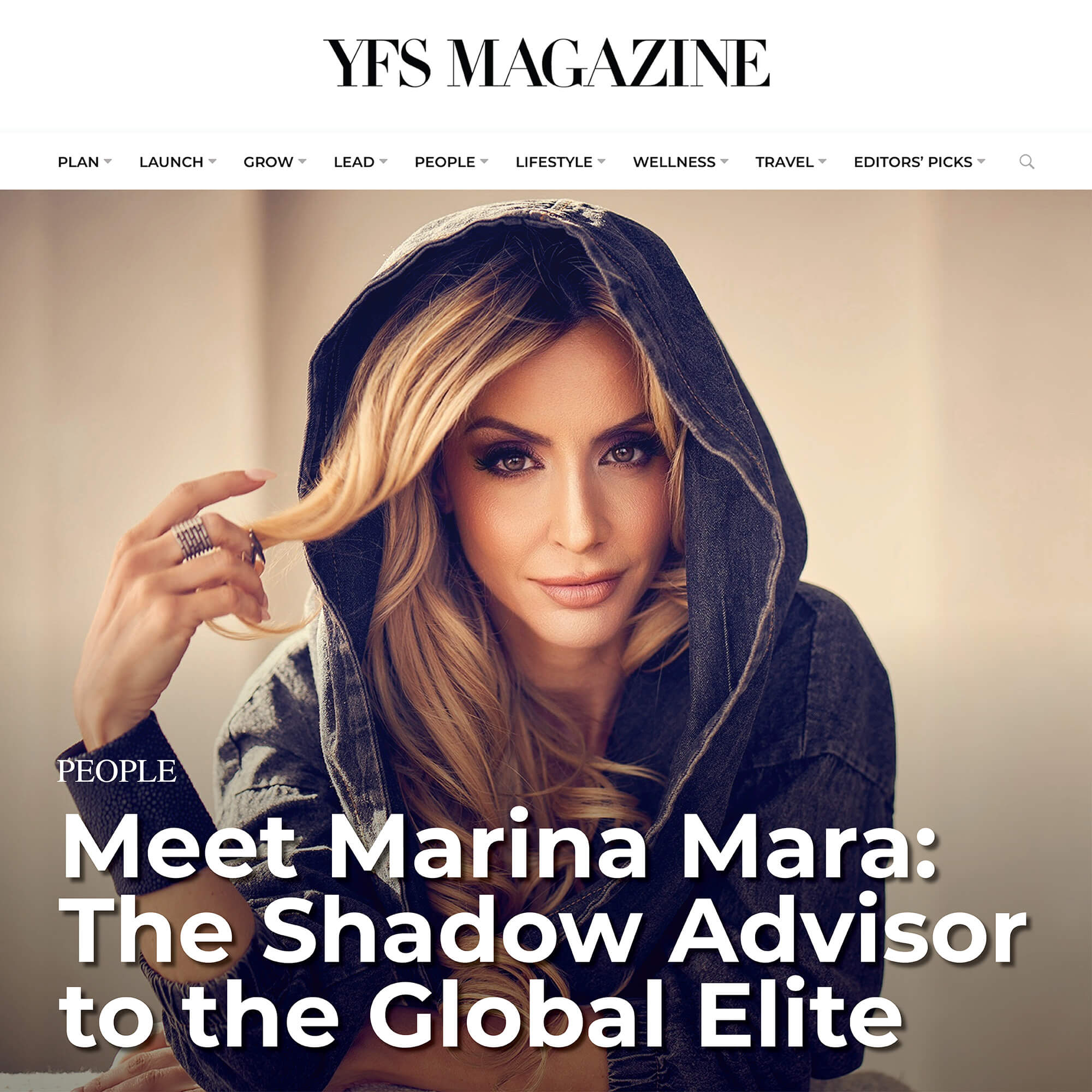 marina mara featured in yfs magazine as shadow advisor to the global elite, photographed in los angeles for reputation strategy article